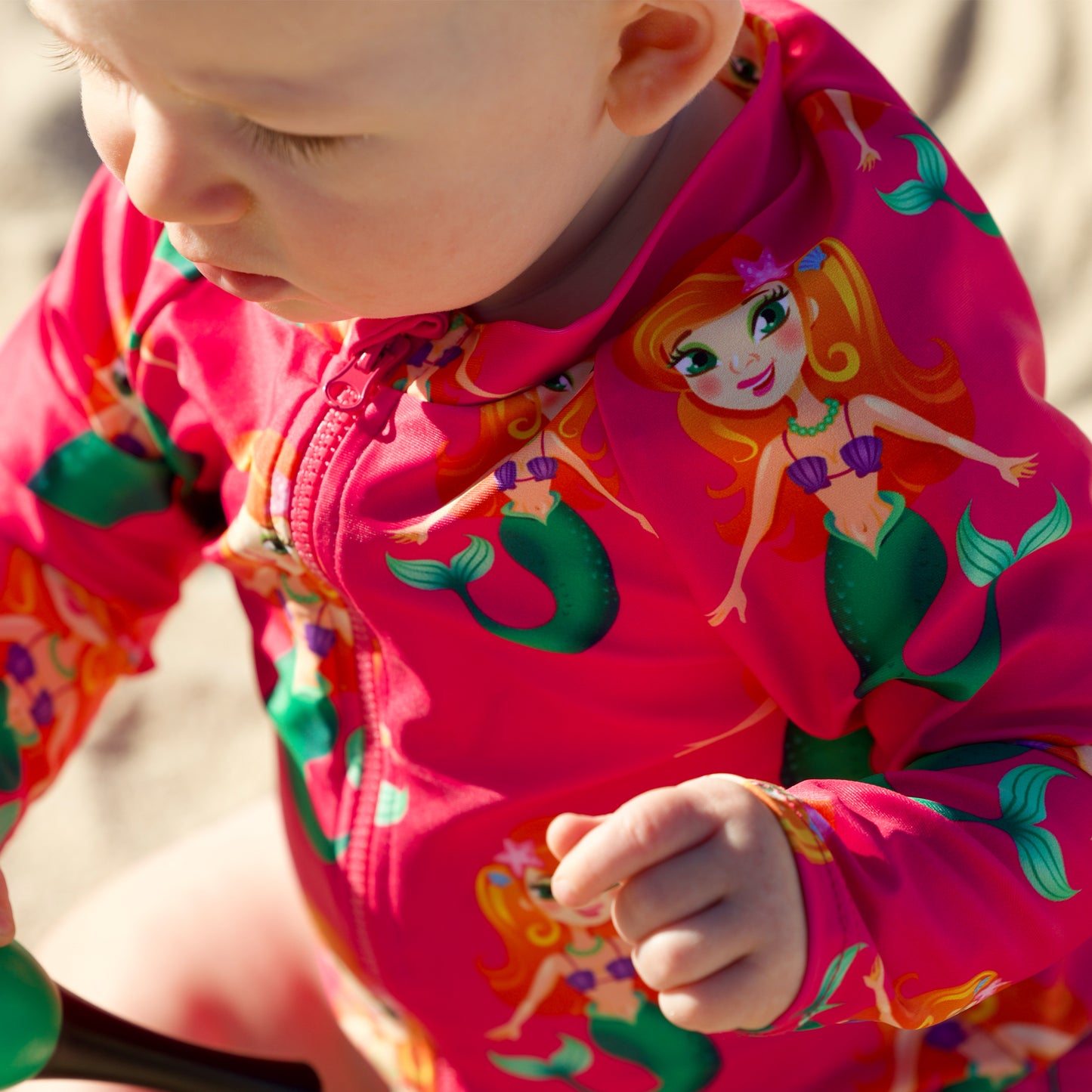 Splashy Tots Pink baby girl swimwear - Girls one piece mermaid pattern swimsuit - Close up